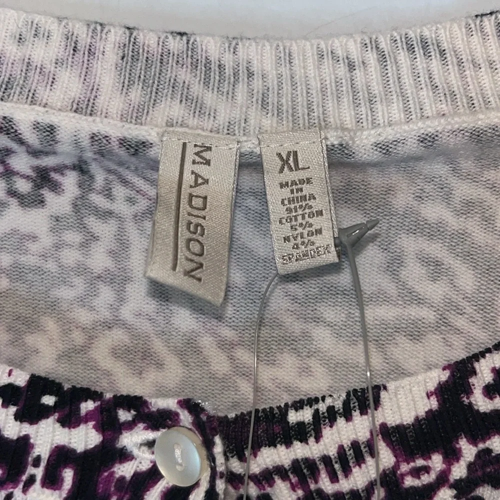 NWT Madison Lightweight Cardigan Sweater Plum White Floral Leaf Boho Print Sz XL - Picture 3 of 11